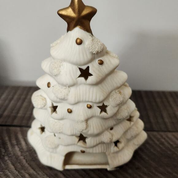 🎄 Vintage World Bazaars Porcelain Christmas Tree Votive Holder White Gold 7" - Picture 2 of 5